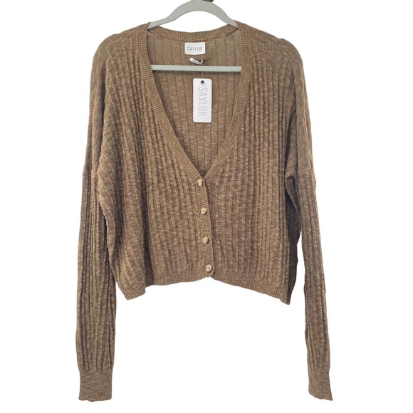 Saylor Tiggy Crop Knit Ribbed Cardigan In Coffee NWT Women's Size Large 10/12 - Picture 3 of 14